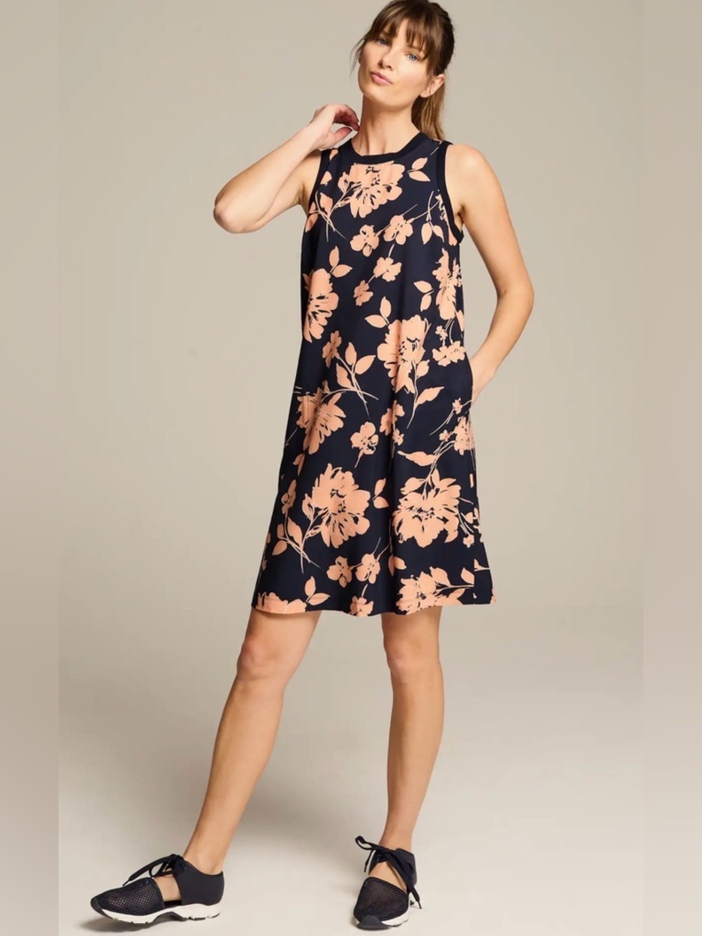 J. Jill Fit Navy Midi Dress with Peach Floral Print